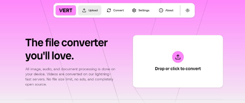 #格式转换 #开源 VERT 文件格式转换工具，基于 WebAssembly 构建，完全在浏览器运行，支持图片、音频、视频、文档等多种格式，支持批量处理，无大小限制，免费无广告，无需注册